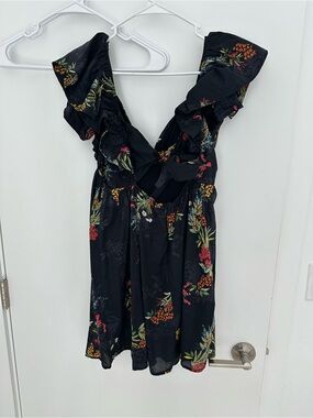 Black Floral Ruffle-Shoulder Mini Dress